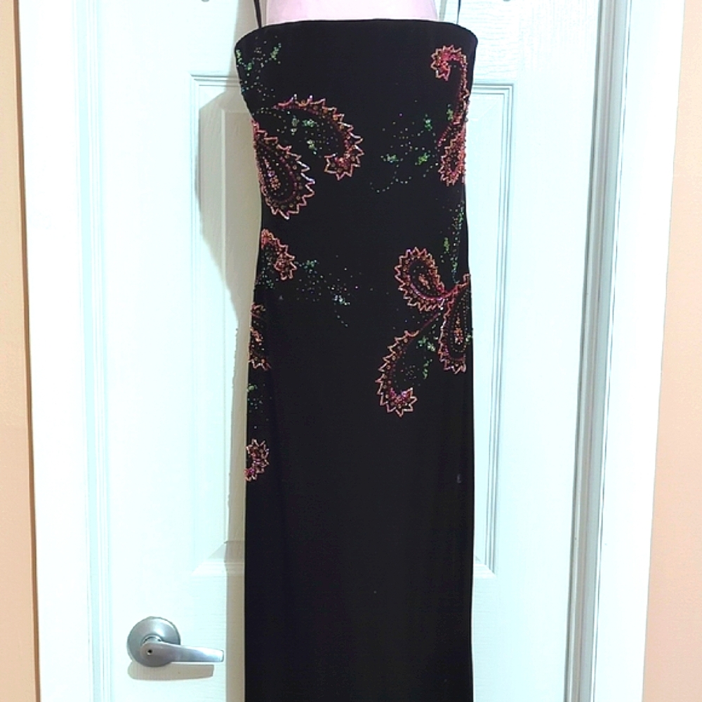 Black Velvet Strapless Beaded Gown by Rimini, Size 2
